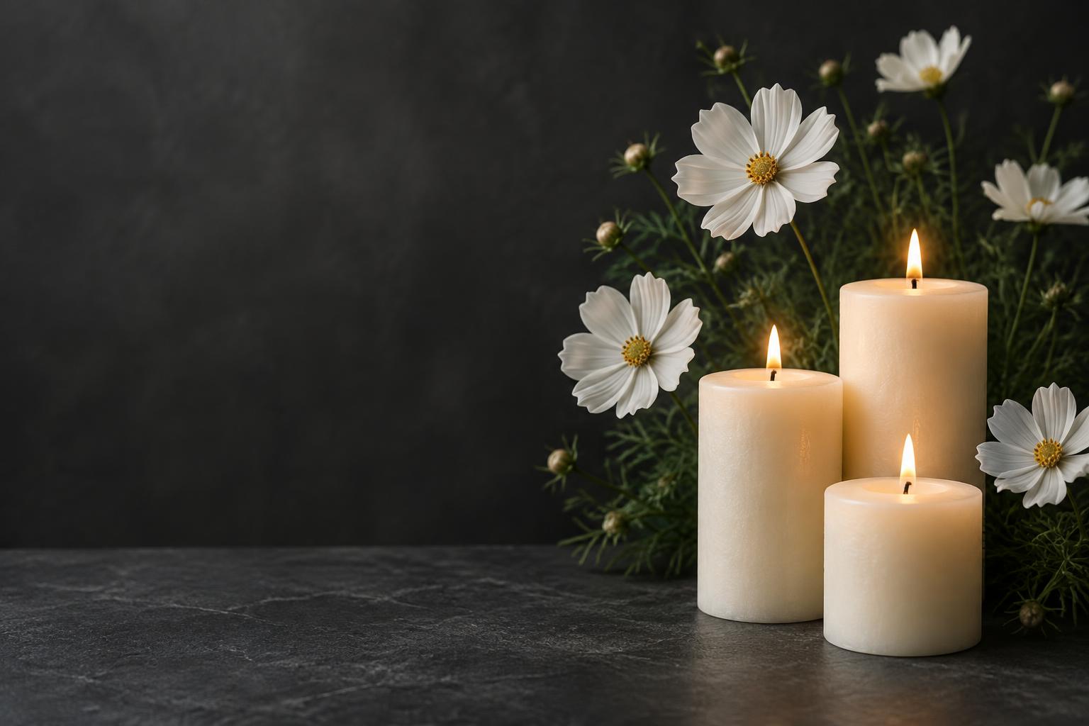 Drei brennende Kerzen mit weißen Blumen als Zeichen des Gedenkens